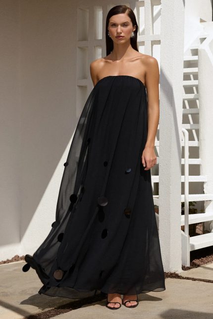 Black Strapless Chiffon Maxi Dress