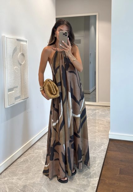 Necked Back Dress-Brown