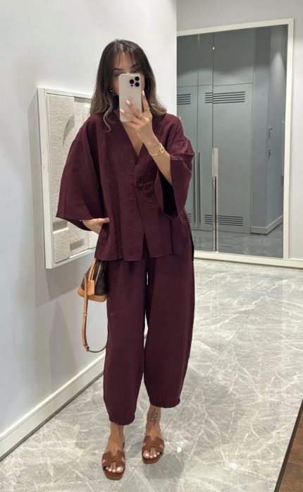 Button Detailed Shirt Set-Burgundy