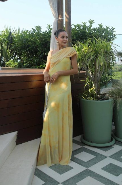 Yellow Pattern One Shoulder Chiffon Dress