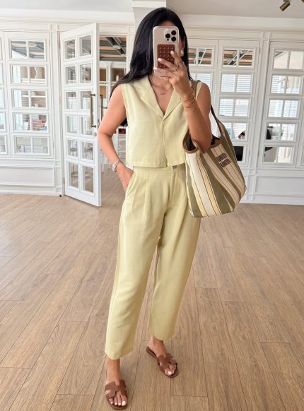 Corp Blouse-Trousers Linen Set- Mint Green