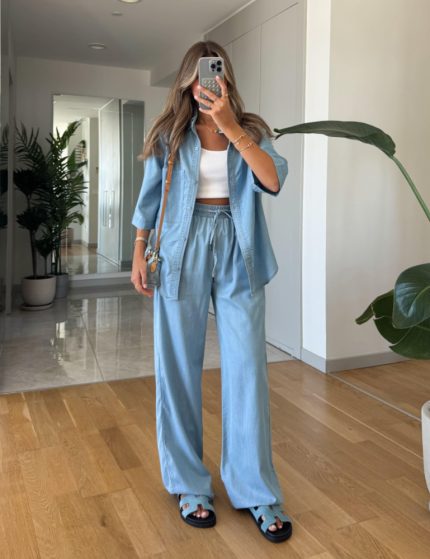 Rim Trousers Shirt Tencel Set - Light Blue