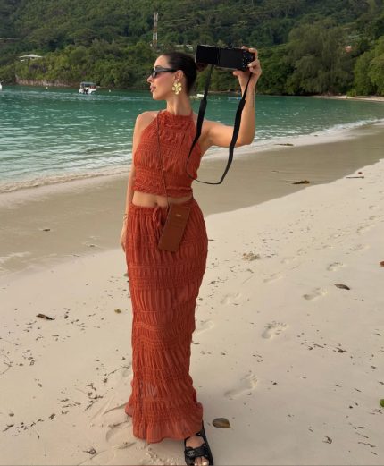 Chiffon Sequined Bustier Skirt Set- Brick Color