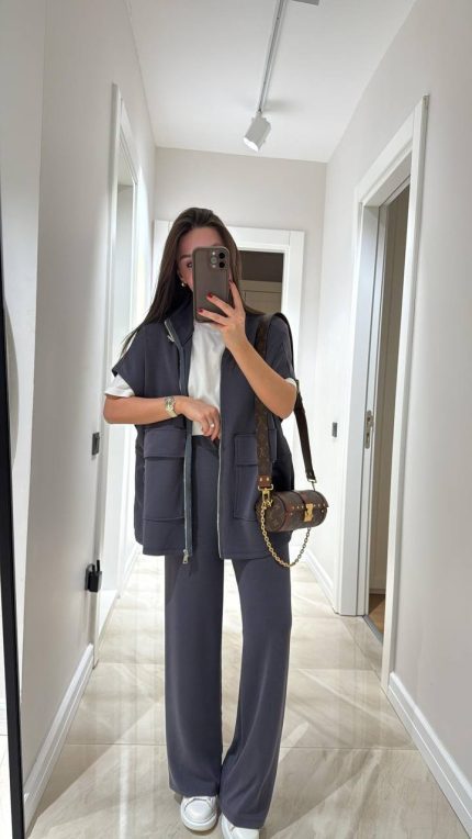 Anthracite Waist Elastic Detailed Vest Set