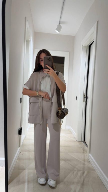 Beige Waist Elastic Detailed Vest Set