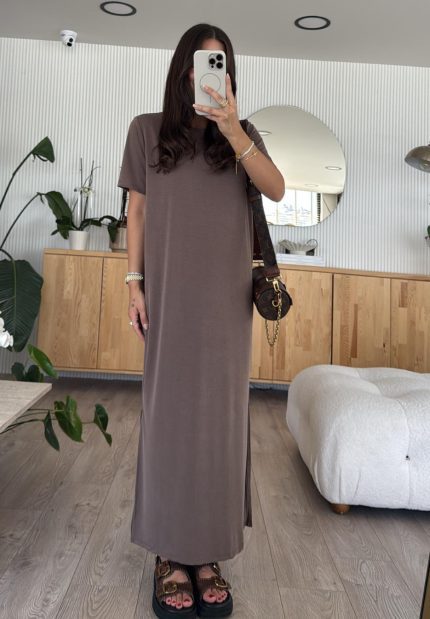 Brown Round Neck Side Slit Basic Dress