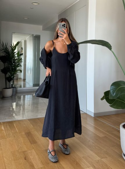 Perry Shirt Dress Two Pieces Set-Black