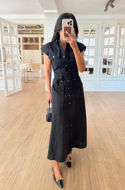 Obiastic Button-Down Side Pocket Belted Linen Dress