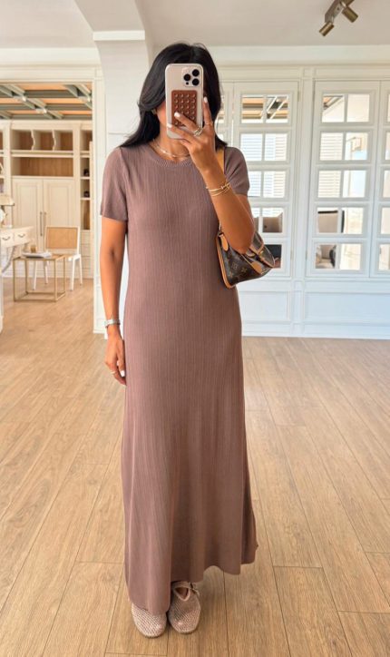 Oyadams round Neck Short Sleeve Ribbed Basic Dress-Brown