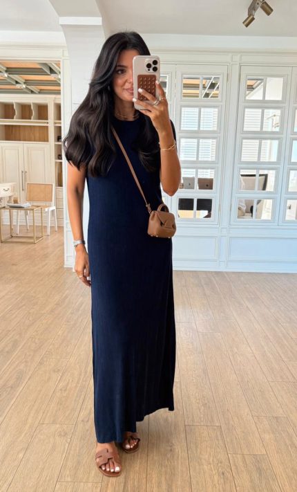 Oyadams round Neck Short Sleeve Ribbed Basic Dress-Navy