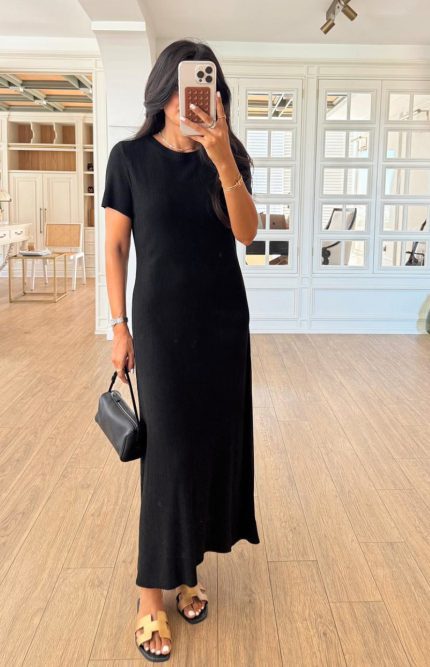 Oyadams round Neck Short Sleeve Ribbed Basic Dress-Black