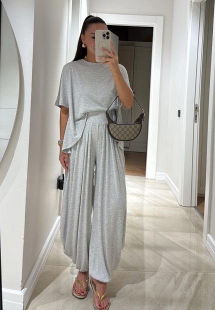 Gray Round Neck Shalwar Trousers Set