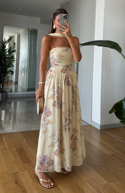 Yellow Shawl Accessorized Floral Chiffon Dress