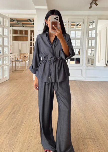 Denia Dark Blue/Gray Front Gathered Double Sleeve Set