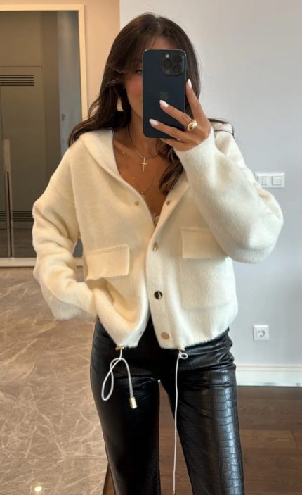 Gold-Button Hooded Ecru Jacket