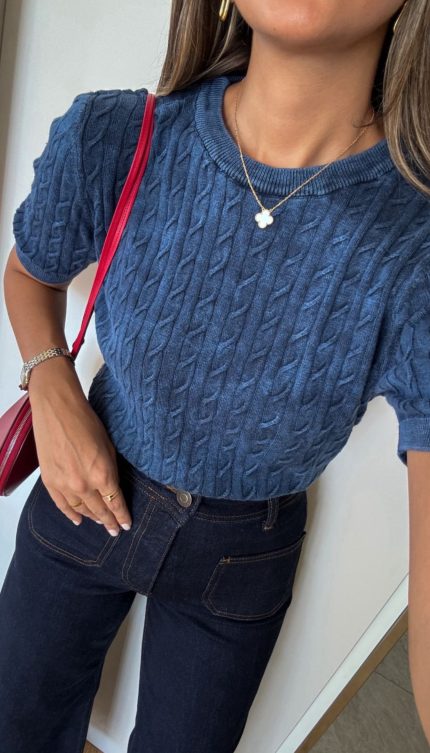 Lucca Washed Short Sleeve Knit Blouse -Blue