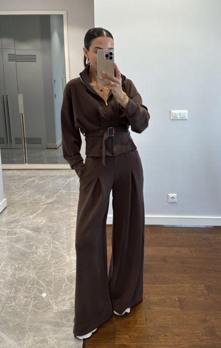 Wide Leg Trousers Belt Detailed Set