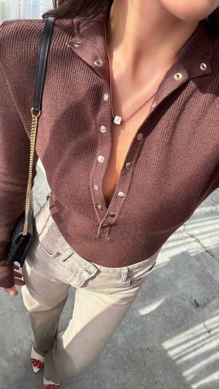 Brown Buttoned Knit Blouse