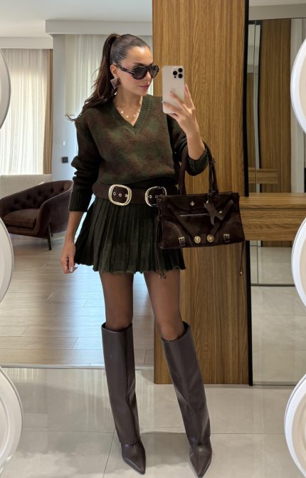 Woody Khaki-Brown Diamond Pattern Skirt Suit