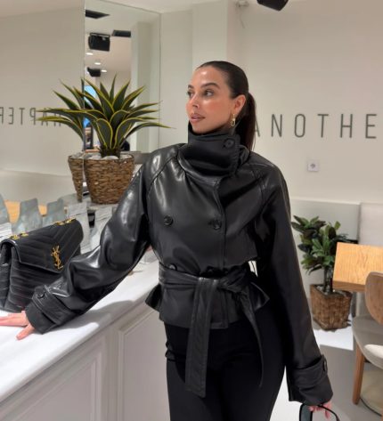 Stand Collar Belted Leather Jacket