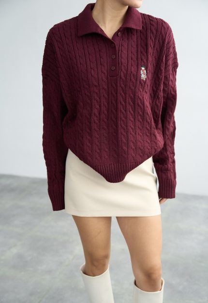 Polo Collar Knit Sweater-Burgundy
