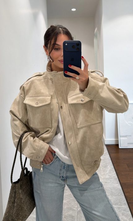 Premium Elle Suede Beige Bomber Jacket