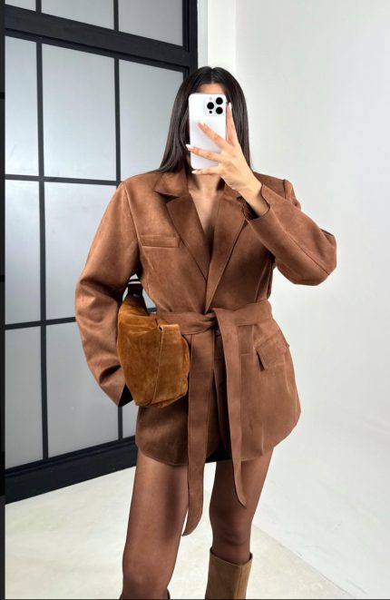 Camel Belted Padded Lined Designer Suede Jacket
