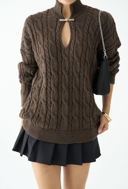 Brown Front Accessory Detailed Sweater