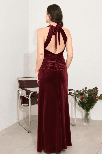 Premium Backless Burgundy Velvet Dress
