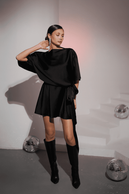 Livelle Black Belt Detail Satin Dress