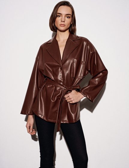 Belted Leather Jacket-Light Brown