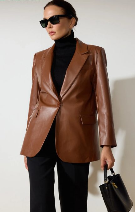 Leather Blazer Jacket-Brown