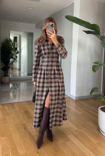 Waist-Straight Plaid Dress - Brown
