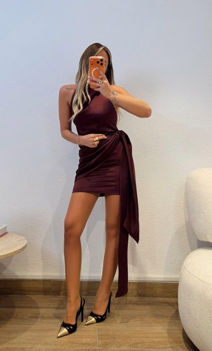 Backless Tie Satin Dress-Burgundy