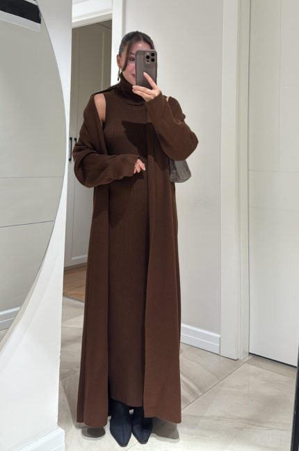 Brown Turtleneck Dress and Cardigan Set