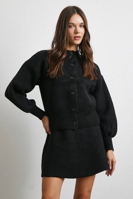 Knit Cardigan Skirt Set-Black
