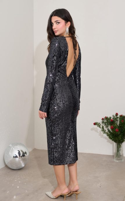 Black and Navy Sequined Backless Dress