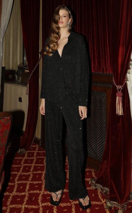 Stone Detailed Shirt Pants Set – Black