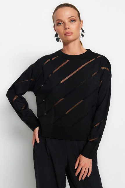 Black Openwork Knit Sweater