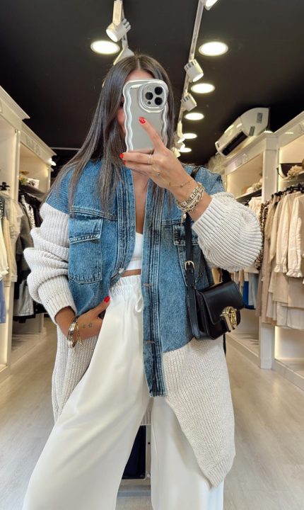 Ecru Denim Detail Cardigan with Pockets