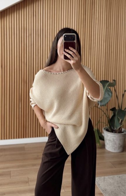 Ecru Asymmetrical Sweater with Embellished Collar