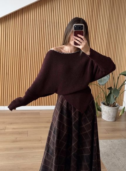 Burgundy Asymmetrical Sweater with Embellished Collar
