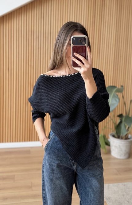 Navy Blue Asymmetrical Sweater with Embellished Collar