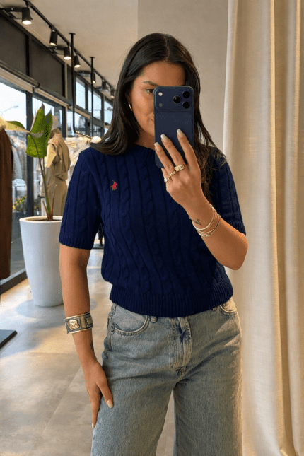 Round Neck Cable Soft Knit Top-Navy