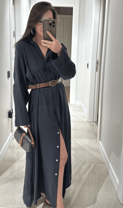 Tencel belted shirt dress-Black