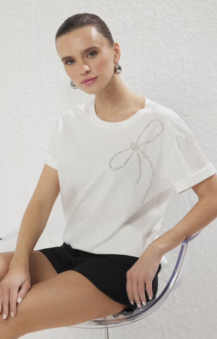 Embroidered Bow Detail T-Shirt- White