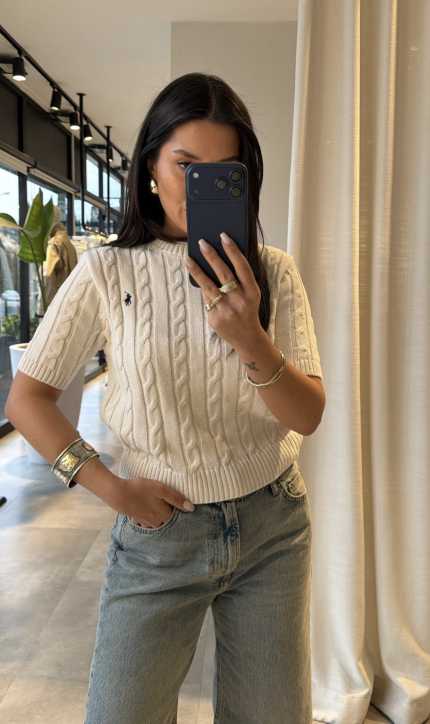 Round Neck Cable Soft Knit Top-Ecru