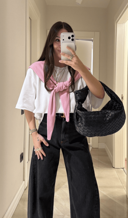 White Woven Top With Pink Scarf