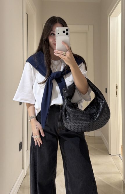 White Woven Top With Navy Scarf
