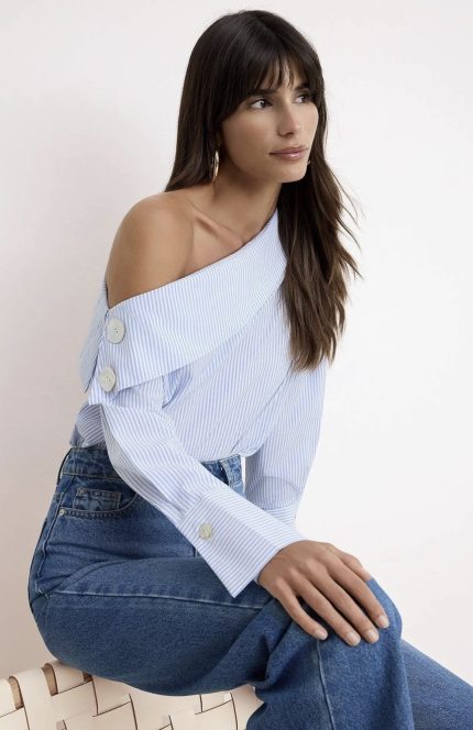 Blue Striped Asymmetrical Neck Blouse